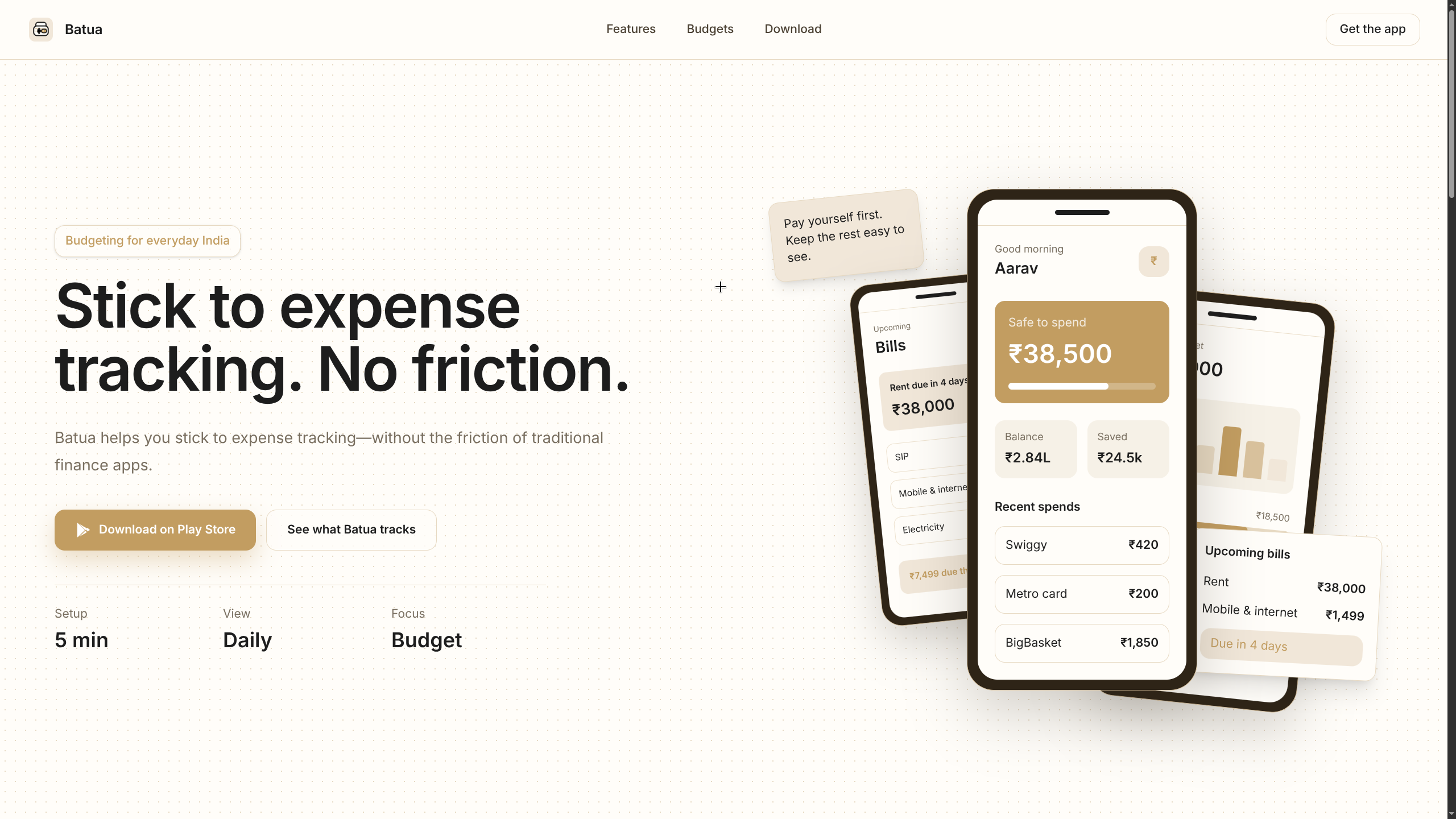 Batua app and web interface showcasing budgeting features
